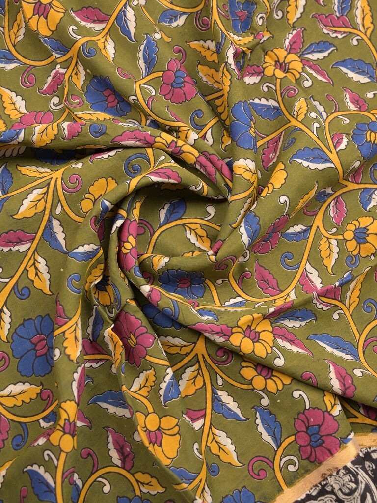 Kalamkari silk fancy olive green color allover prints & contrast border with printed pallu and attached contrast blouse