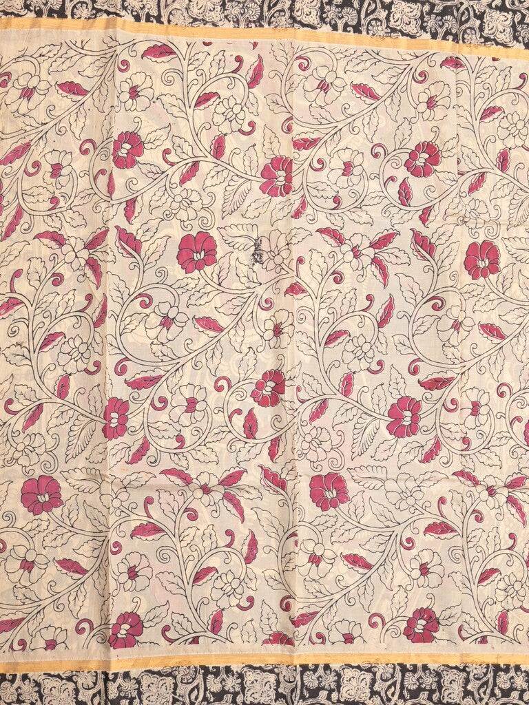 Kalamkari silk fancy olive green color allover prints & contrast border with printed pallu and attached contrast blouse