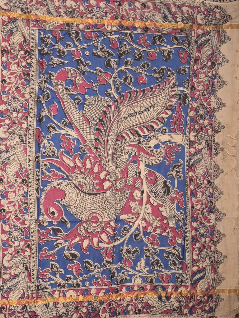 Kalamkari silk fancy saree cream color allover prints & contrast border with printed pallu and attached contrast blouse