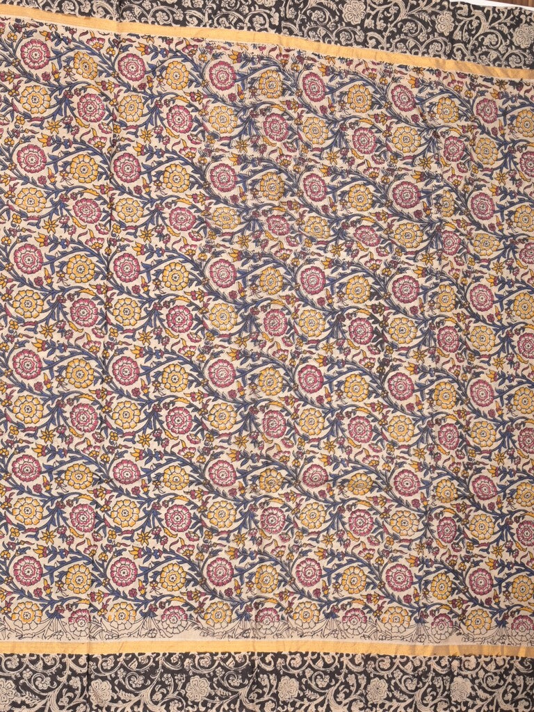 Kalamkari silk fancy saree cream color allover prints & contrast border with printed pallu and attached contrast blouse