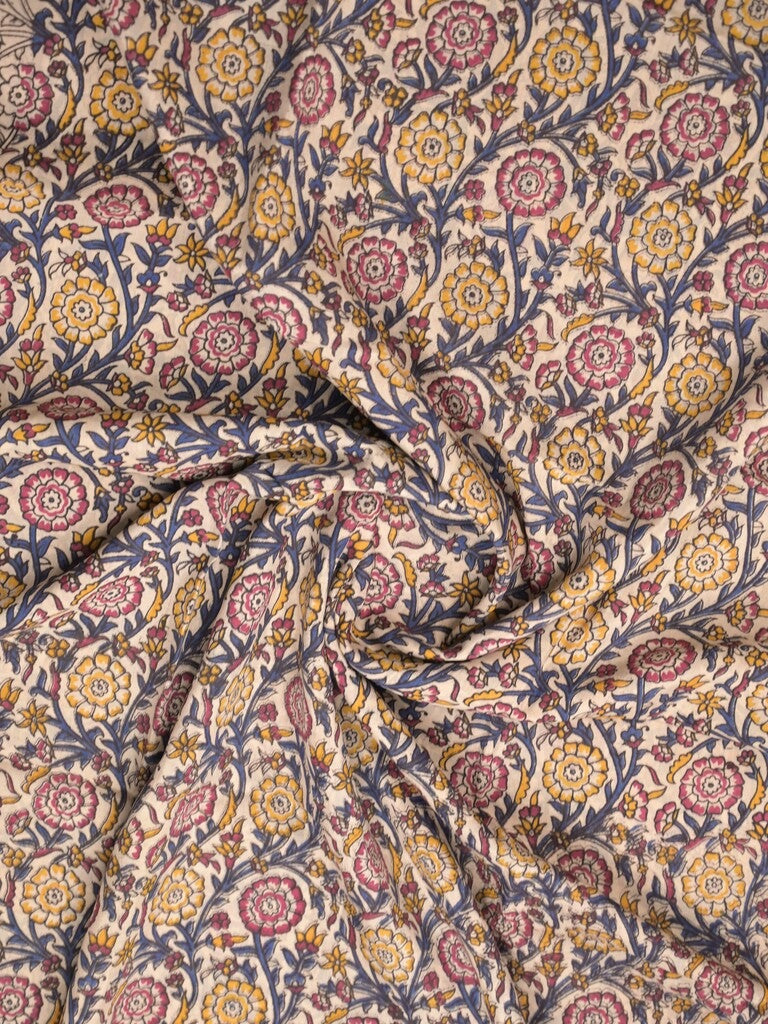 Kalamkari silk fancy saree cream color allover prints & contrast border with printed pallu and attached contrast blouse