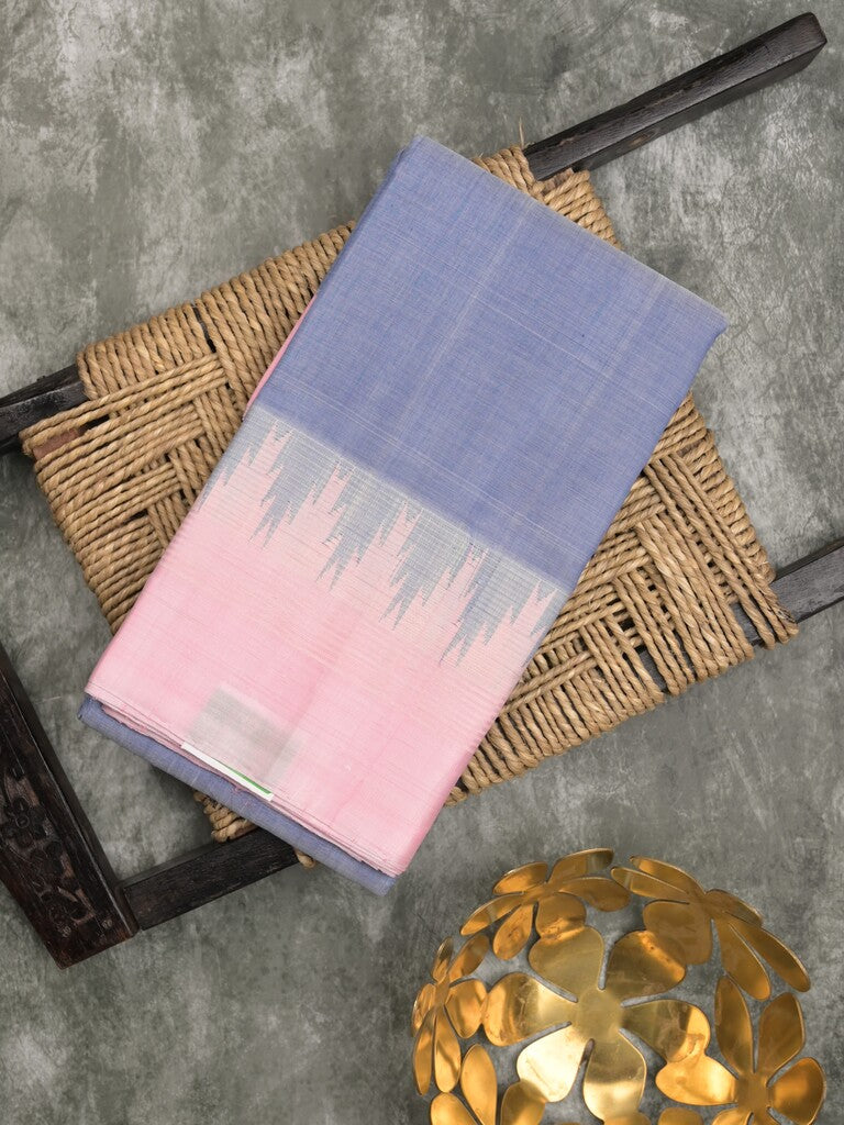 Minister cotton saree light blue color allover plain & contrast temple border with contrast pallu and attached plain blouse