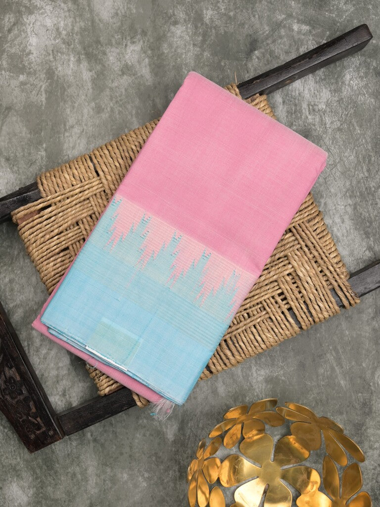 Minister cotton saree baby pink color allover plain & contrast temple border with contrast pallu and attached plain blouse