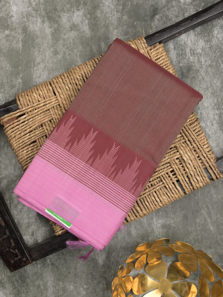 Minister cotton saree brown color allover plain & contrast temple border with contrast pallu and attached plain blouse