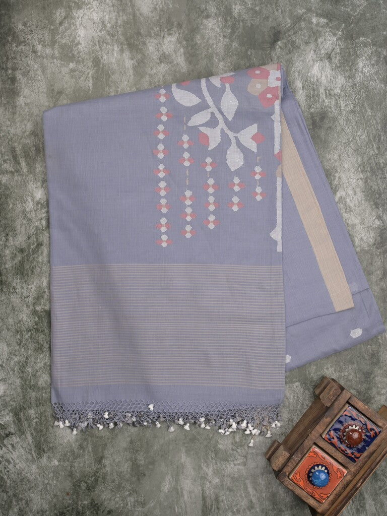 Village cotton saree grey color allover weaves & small kaddi border with floral weaving pallu