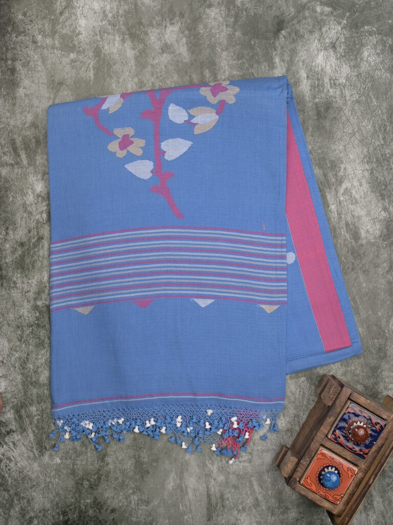 Village cotton saree blue color allover weaves & small kaddi border with floral weaving pallu
