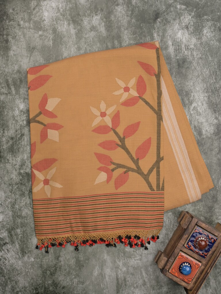 Village cotton saree beige color allover weaves & small kaddi border with floral weaving pallu