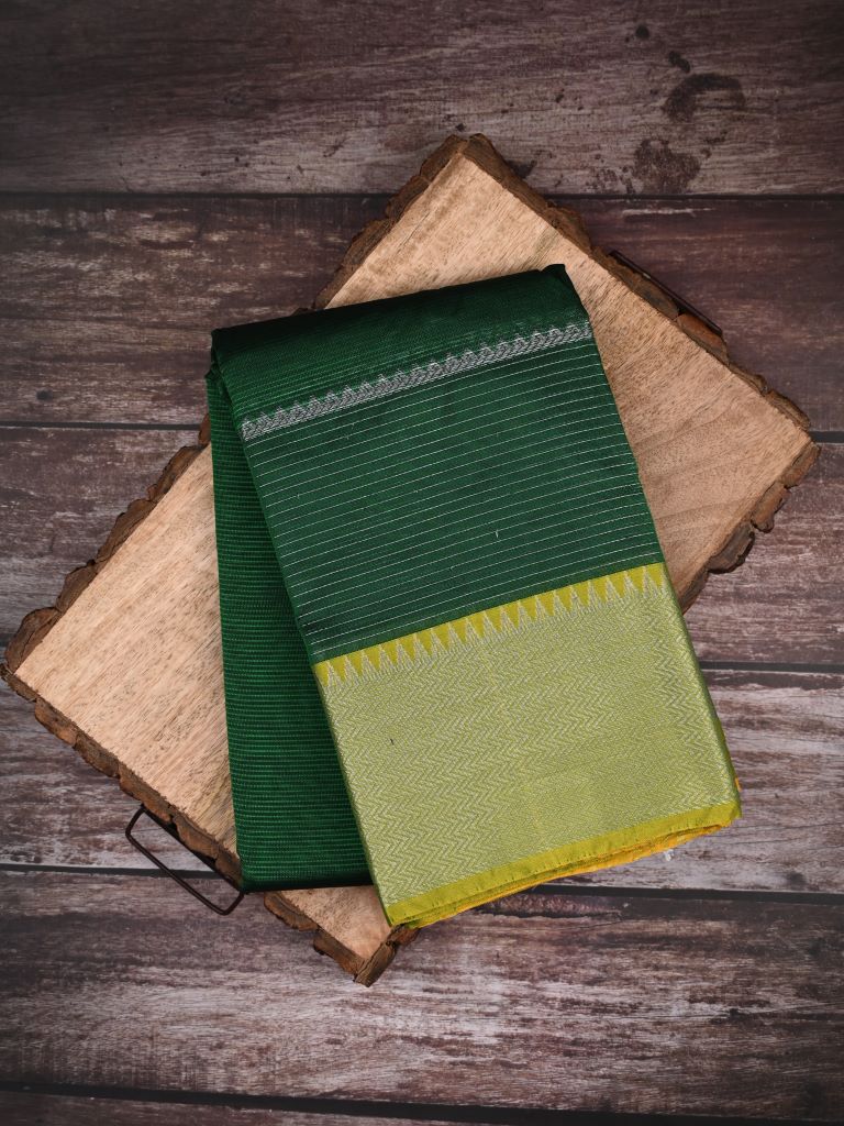 Mangalagiri pattu saree bottle green color allover plain & big kaddi border with rich contrast pallu and plain blouse