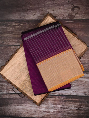 Mangalagiri pattu saree dark purple color allover plain & big kaddi border with rich contrast pallu and plain blouse