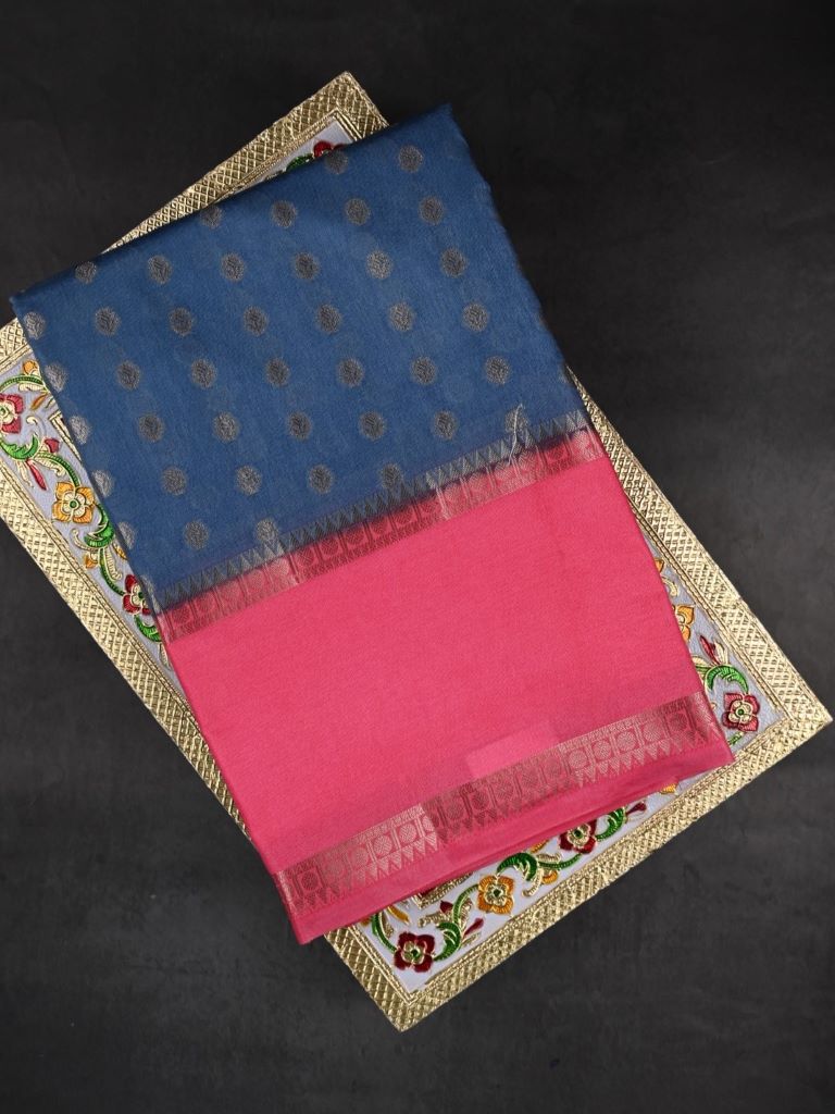 Banaras fancy saree light blue color allover small zari motifs & plain kaddi border with contrast brocade pallu and blouse