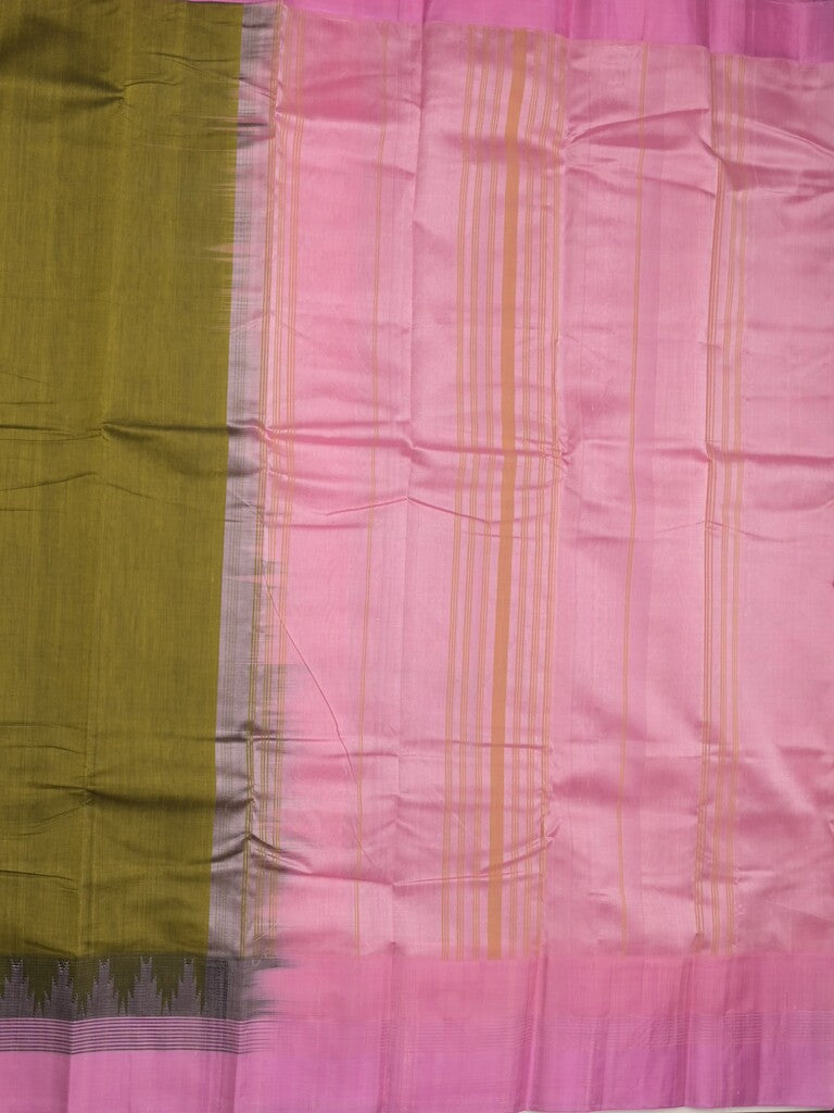 Minister cotton saree olive green color allover plain & contrast temple border with contrast pallu and attached plain blouse