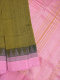Minister cotton saree olive green color allover plain & contrast temple border with contrast pallu and attached plain blouse