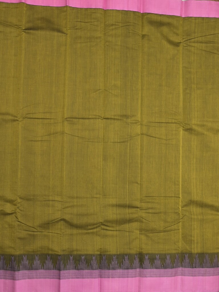 Minister cotton saree olive green color allover plain & contrast temple border with contrast pallu and attached plain blouse