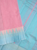 Minister cotton saree baby pink color allover plain & contrast temple border with contrast pallu and attached plain blouse