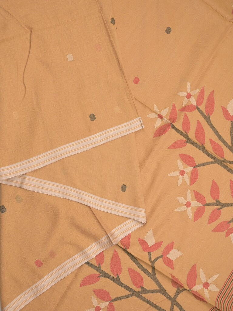 Village cotton saree beige color allover weaves & small kaddi border with floral weaving pallu