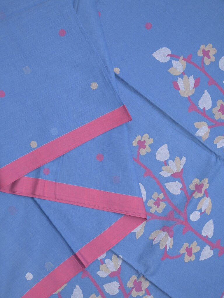 Village cotton saree blue color allover weaves & small kaddi border with floral weaving pallu