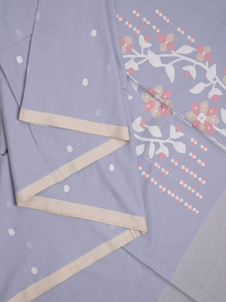 Village cotton saree grey color allover weaves & small kaddi border with floral weaving pallu