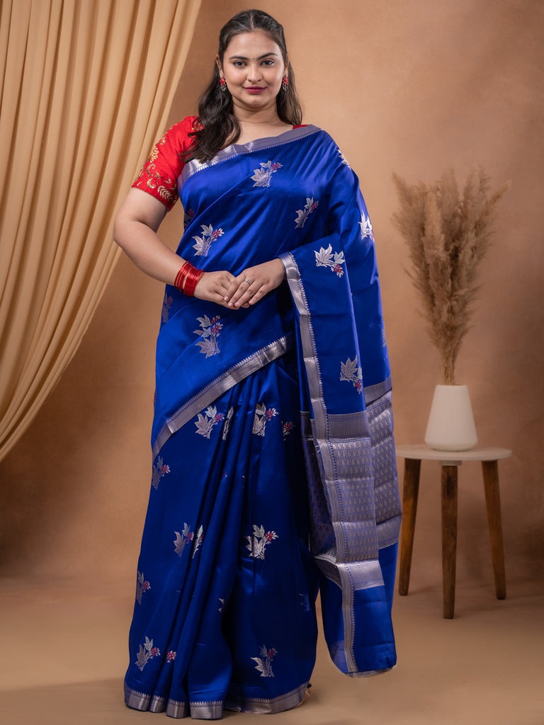 Raw mango pattu saree red color allover zari weaves & small zari border with short pallu and contrast blouse