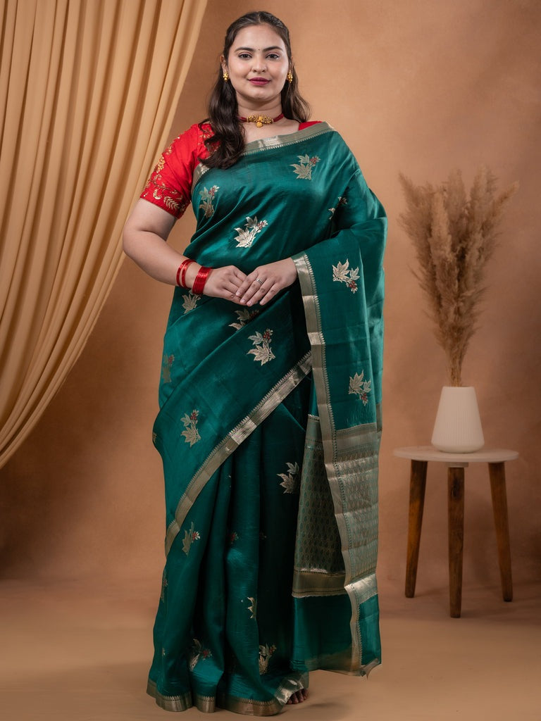Raw mango pattu saree leaf green color allover zari weaves & small zari border with short pallu and contrast blouse