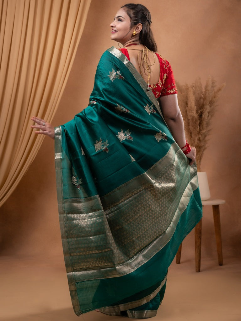 Raw mango pattu saree leaf green color allover zari weaves & small zari border with short pallu and contrast blouse