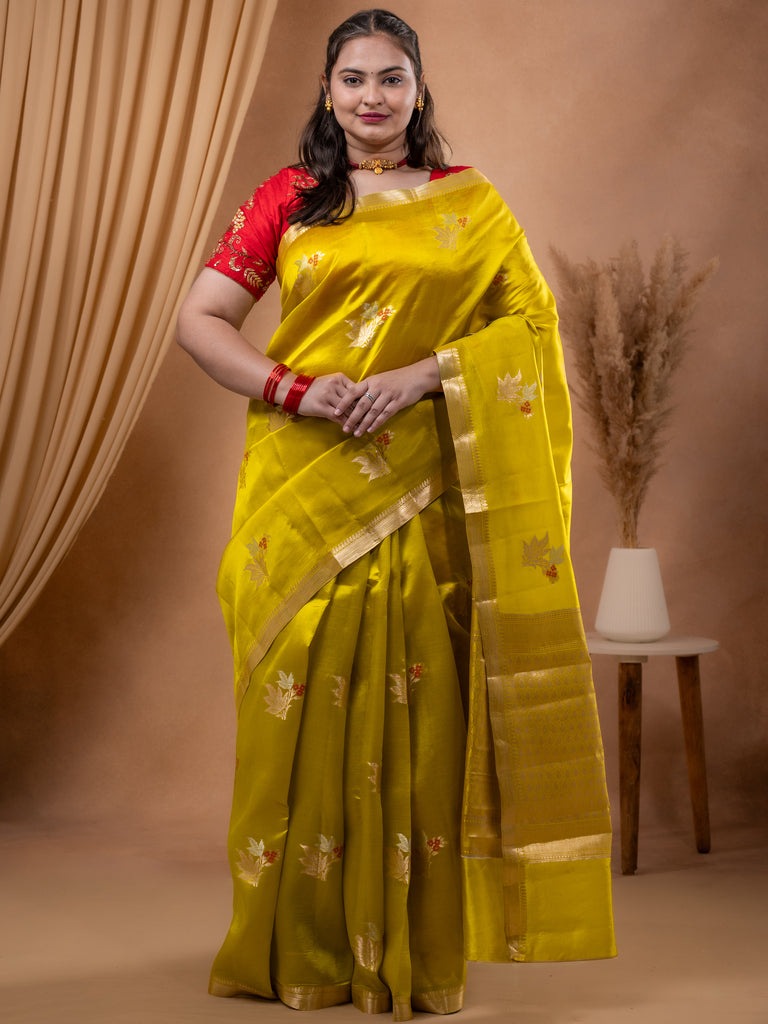 Raw mango pattu saree lemon yellow color allover zari weaves & small zari border with short pallu and contrast blouse