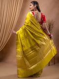 Raw mango pattu saree lemon yellow color allover zari weaves & small zari border with short pallu and contrast blouse