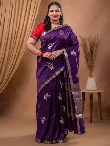 Raw mango pattu saree violet color allover zari weaves & small zari border with short pallu and contrast blouse