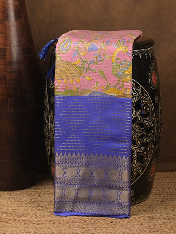 Dola silk fancy saree baby pink and blue color allover prints & zari border with contrast pallu and attached blouse