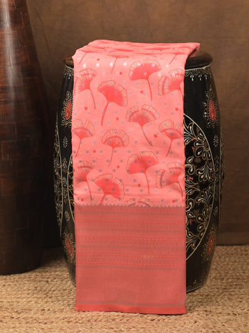 Crape fancy saree coral pink color allover prints, zari motifs & zari border with rich pallu and attached blouse