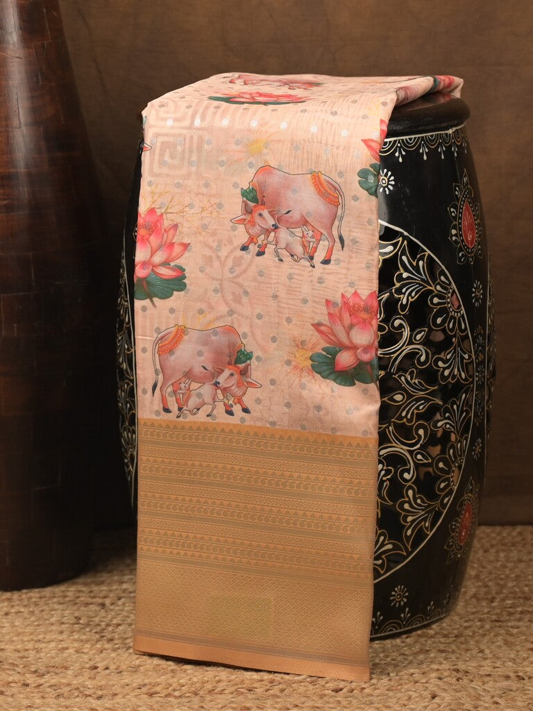 Crape fancy saree cream color allover prints, zari motifs & zari border with rich pallu and attached blouse
