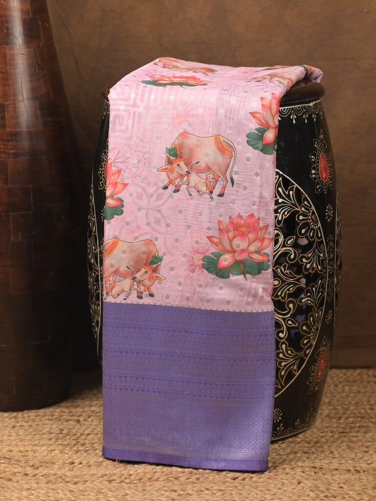 Crape fancy saree light purple color allover prints, zari motifs & zari border with rich pallu and attached blouse
