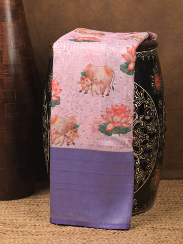 Crape fancy saree light purple color allover prints, zari motifs & zari border with rich pallu and attached blouse