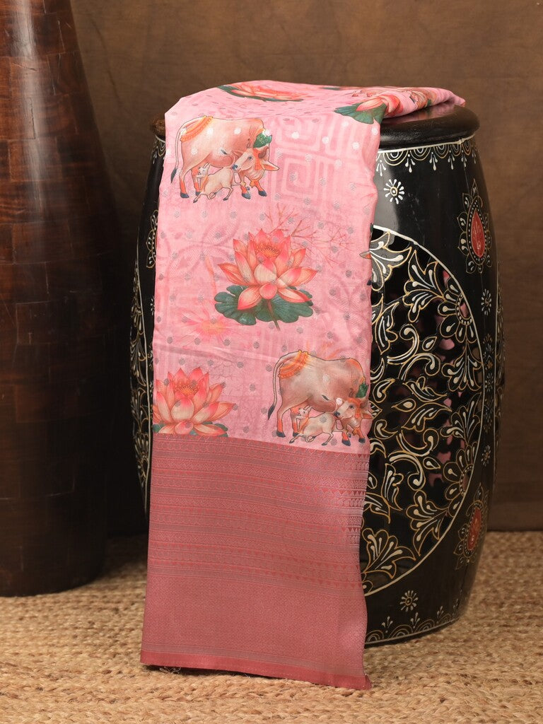 Crape fancy saree baby pink color allover prints, zari motifs & zari border with rich pallu and attached blouse