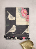 Tussar fancy saree black color allover plain & contrast printed border with running pallu and printed blouse