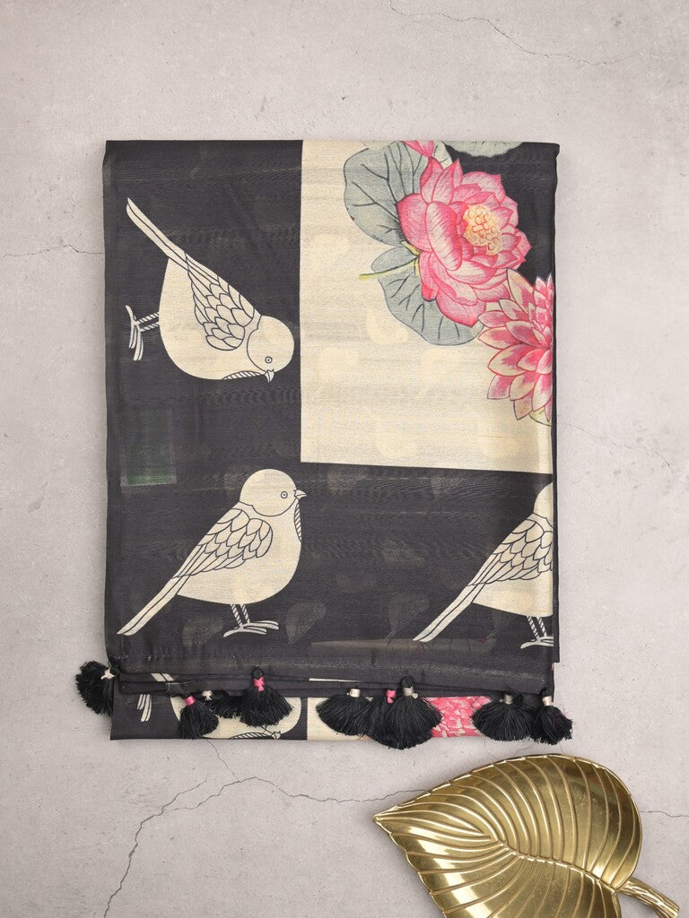 Tussar fancy saree black color allover plain & contrast printed border with running pallu and printed blouse