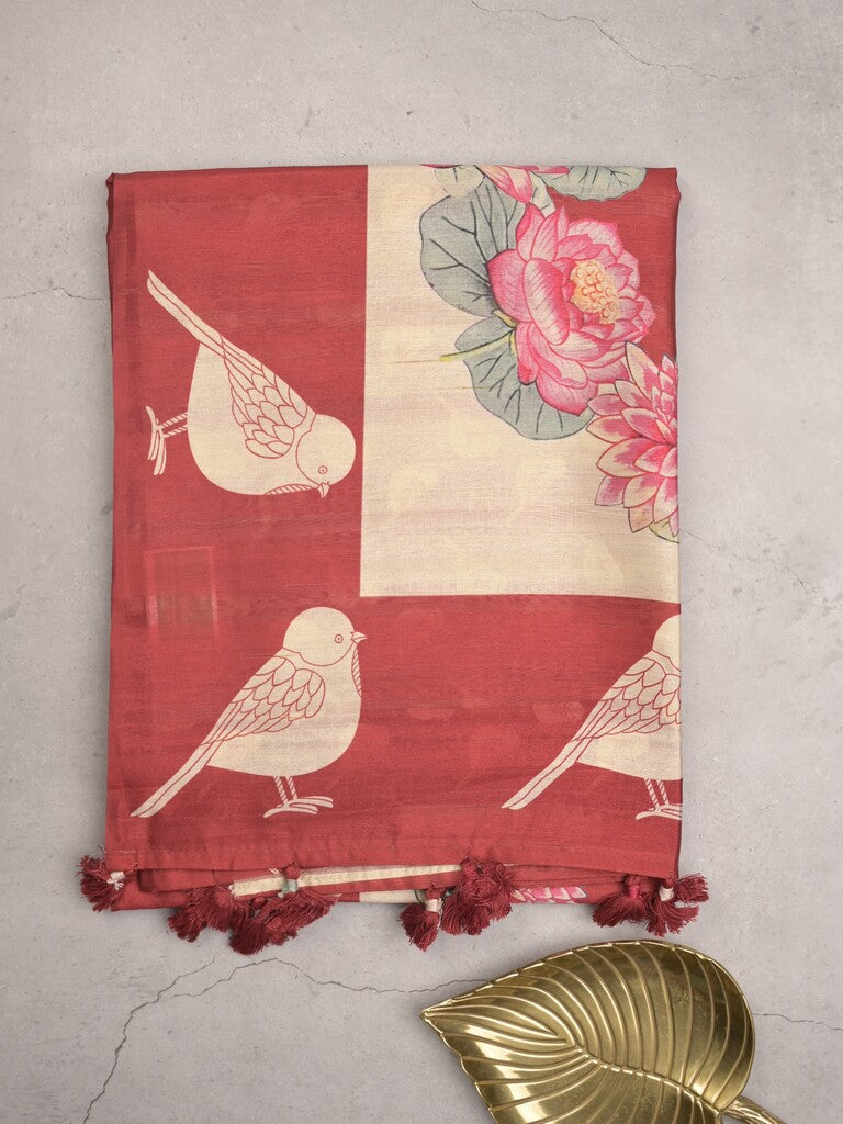 Tussar fancy saree red color allover plain & contrast printed border with running pallu and printed blouse