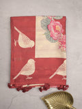Tussar fancy saree red color allover plain & contrast printed border with running pallu and printed blouse