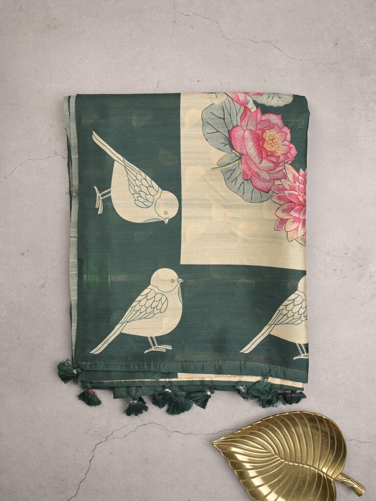Tussar fancy saree dark green color allover plain & contrast printed border with running pallu and printed blouse