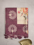Tussar fancy saree wine color allover plain & contrast printed border with running pallu and printed blouse