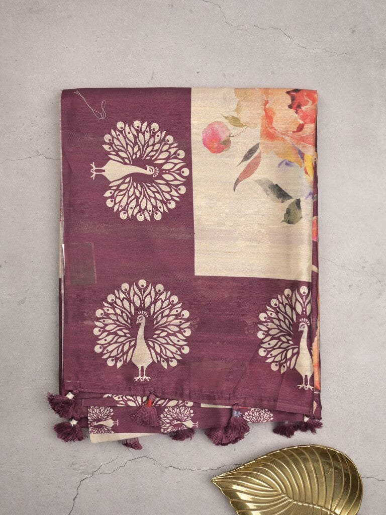 Tussar fancy saree wine color allover plain & contrast printed border with running pallu and printed blouse