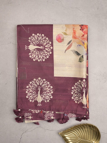 Tussar fancy saree wine color allover plain & contrast printed border with running pallu and printed blouse