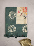 Tussar fancy saree dark green color allover plain & contrast printed border with running pallu and printed blouse
