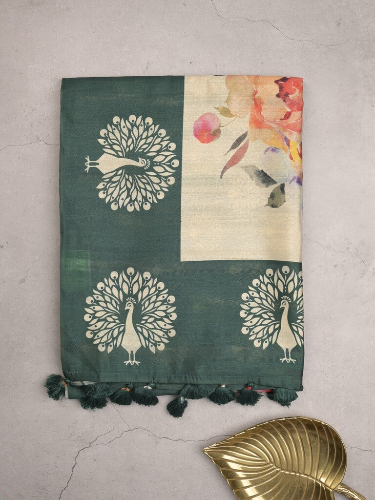 Tussar fancy saree dark green color allover plain & contrast printed border with running pallu and printed blouse