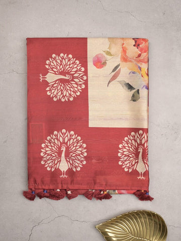 Tussar fancy saree red color allover plain & contrast printed border with running pallu and printed blouse
