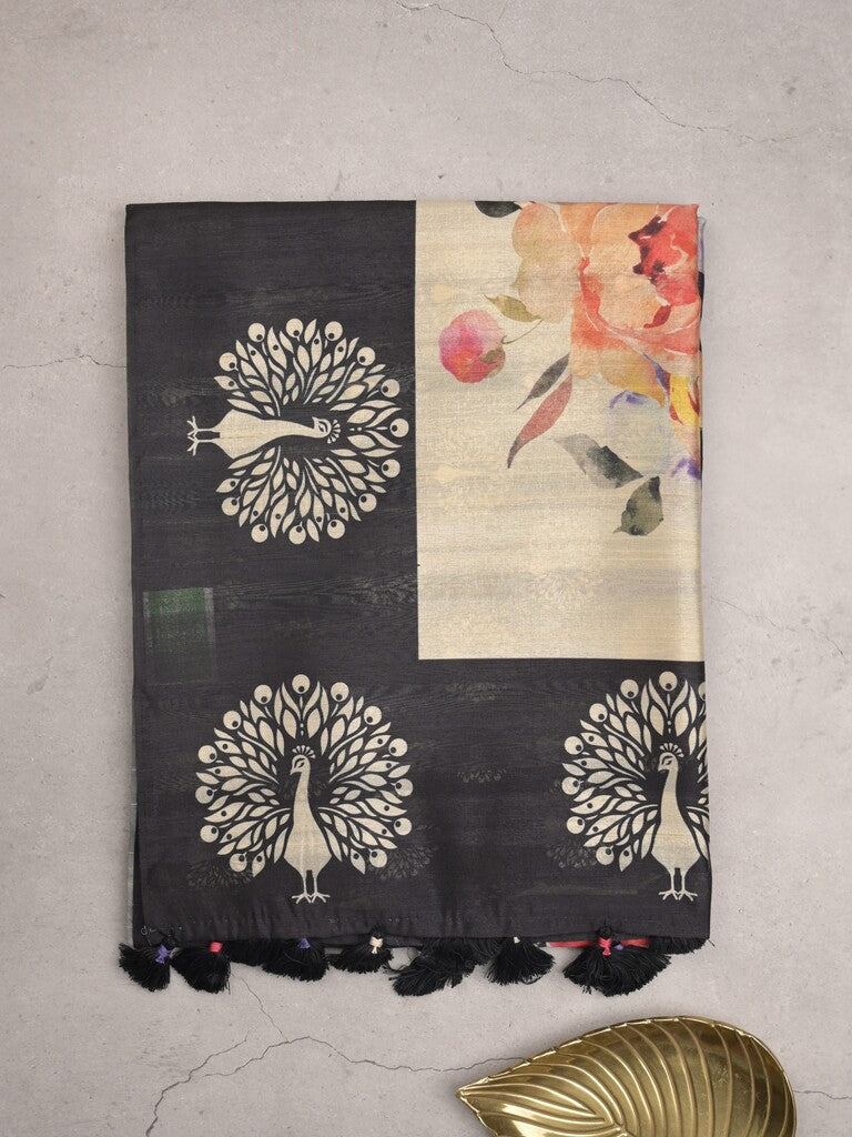 Tussar fancy saree black color allover plain & contrast printed border with running pallu and printed blouse