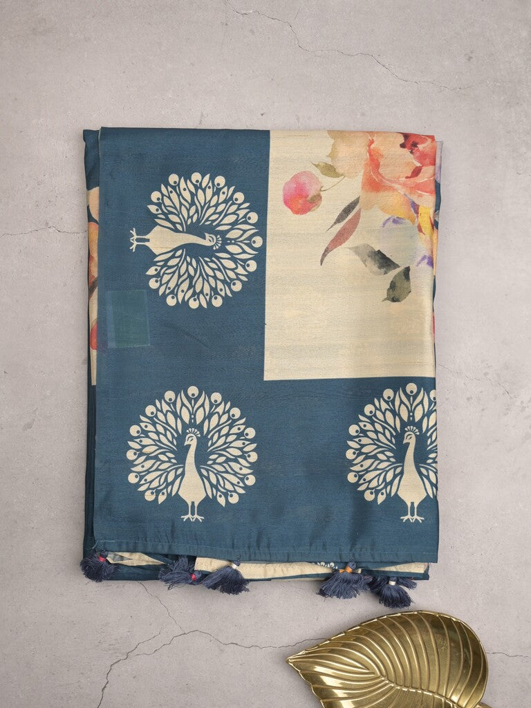 Tussar fancy saree peacock blue color allover plain & contrast printed border with running pallu and printed blouse
