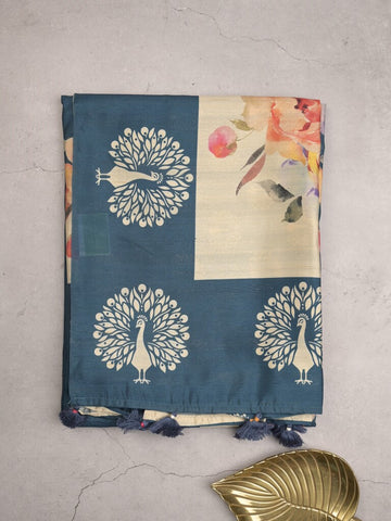 Tussar fancy saree peacock blue color allover plain & contrast printed border with running pallu and printed blouse