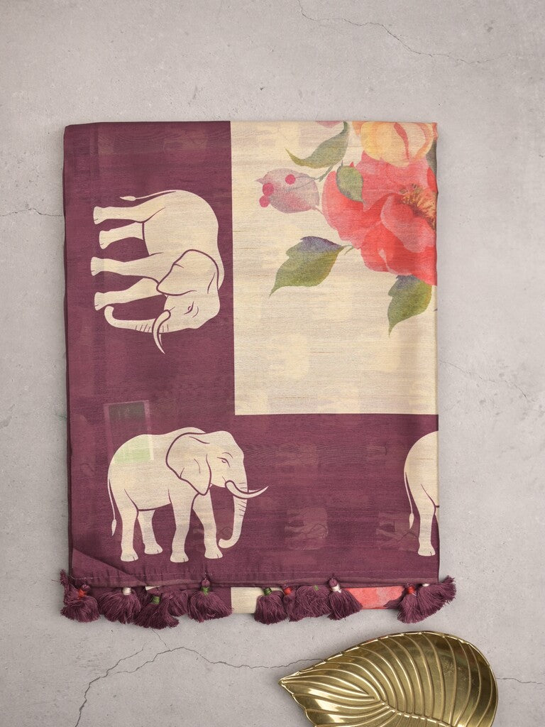 Tussar fancy saree wine color allover plain & contrast printed border with running pallu and printed blouse