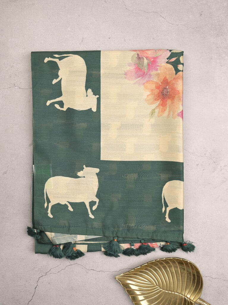 Tussar fancy saree dark green color allover plain & contrast printed border with running pallu and printed blouse