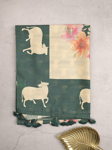 Tussar fancy saree dark green color allover plain & contrast printed border with running pallu and printed blouse